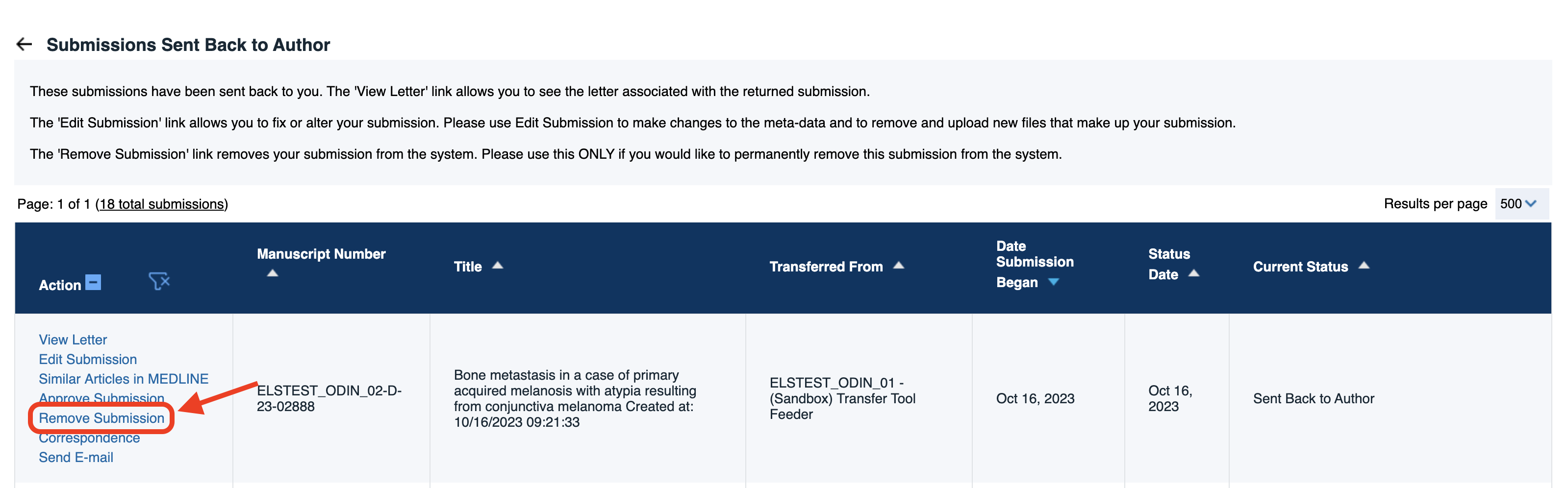 Screen shot of a journal's Author Main Menu page in Editorial Manager, showing where authors can remove their submission.